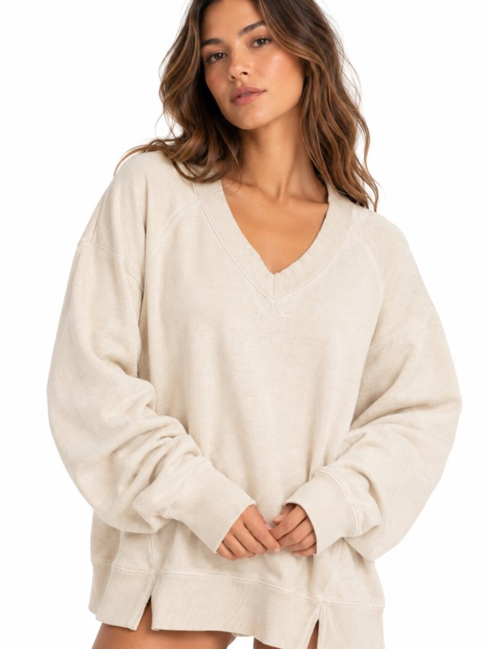 Aerie Cream V-Neck Raglan Sweatshirt XS Oatmeal French Terry Lounge Top OVersize